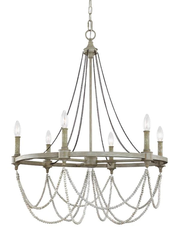 Sean Lavin Beverly 6 Light French Washed Oak and Distressed White Wood Chandelier Lighting Affairs