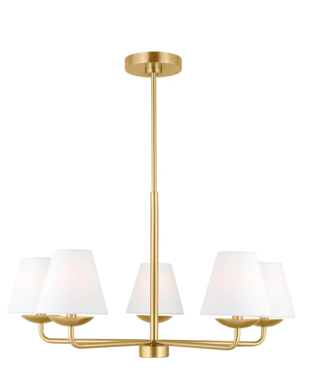 Albion 5L chandelier Satin Brass finish/ White Linen shades