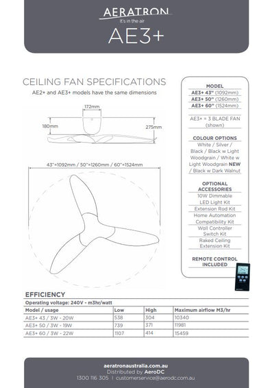 Aeratron AE3+ 3 Blade White DC Ceiling Fan with Remote