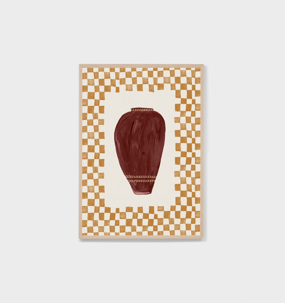 Check Ornament Vase Burgundy Framed Print