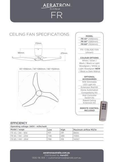 Aeratron FR 3 Blade White with Light Woodgrain DC Ceiling Fan with Remote