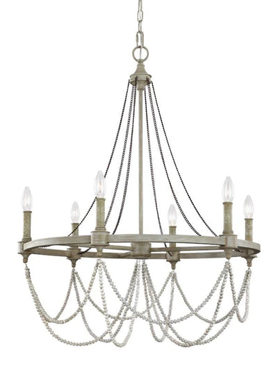 Sean Lavin Beverly 6 Light French Washed Oak and Distressed White Wood Chandelier Lighting Affairs