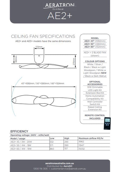 Aeratron AE2+ 2 Blade Silver DC Ceiling Fan with Remote